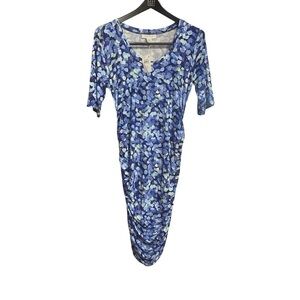 Motherhood Maternity Midi Dress Size M Stretch Blue Floral Side Ruching Shower
